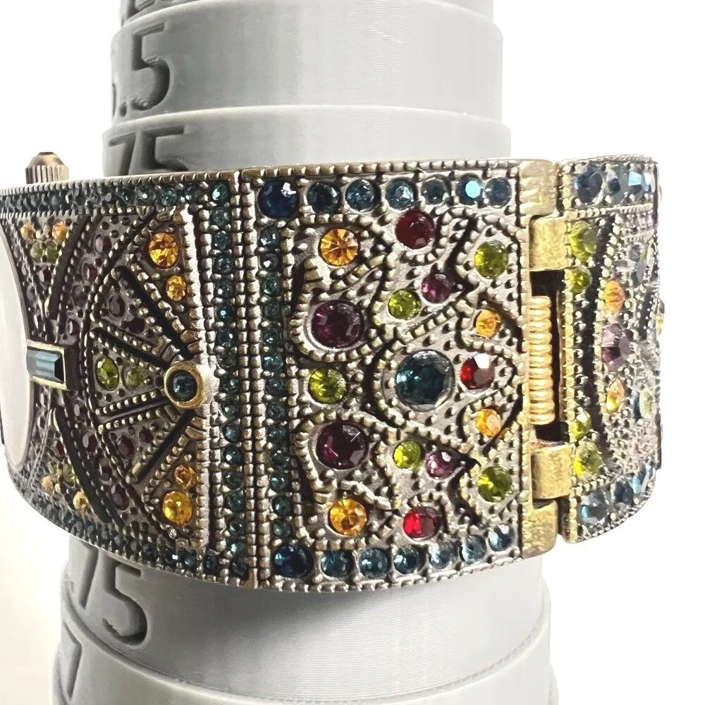 Heidi‎ Daus Womens Cuff Watch 87098 Hinged Crystal Jeweled Works New Batter - Picture 8 of 11